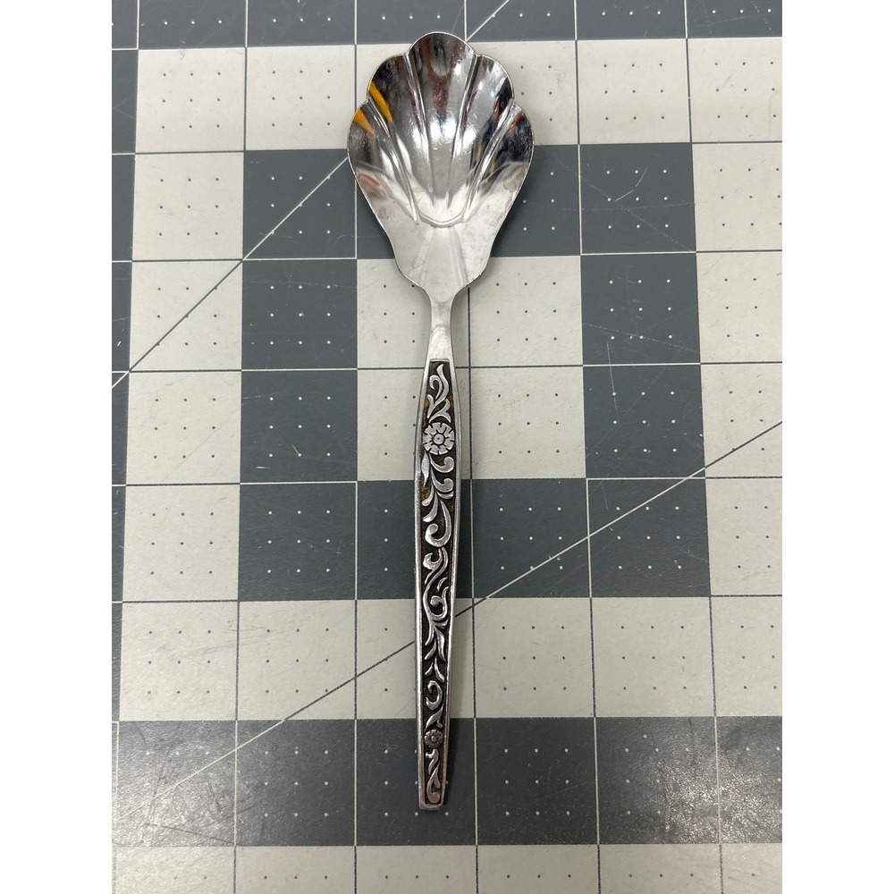 Antigua Grand Prix Sugar Spoon 7.5" Silver Scallop Shell Floral Scroll